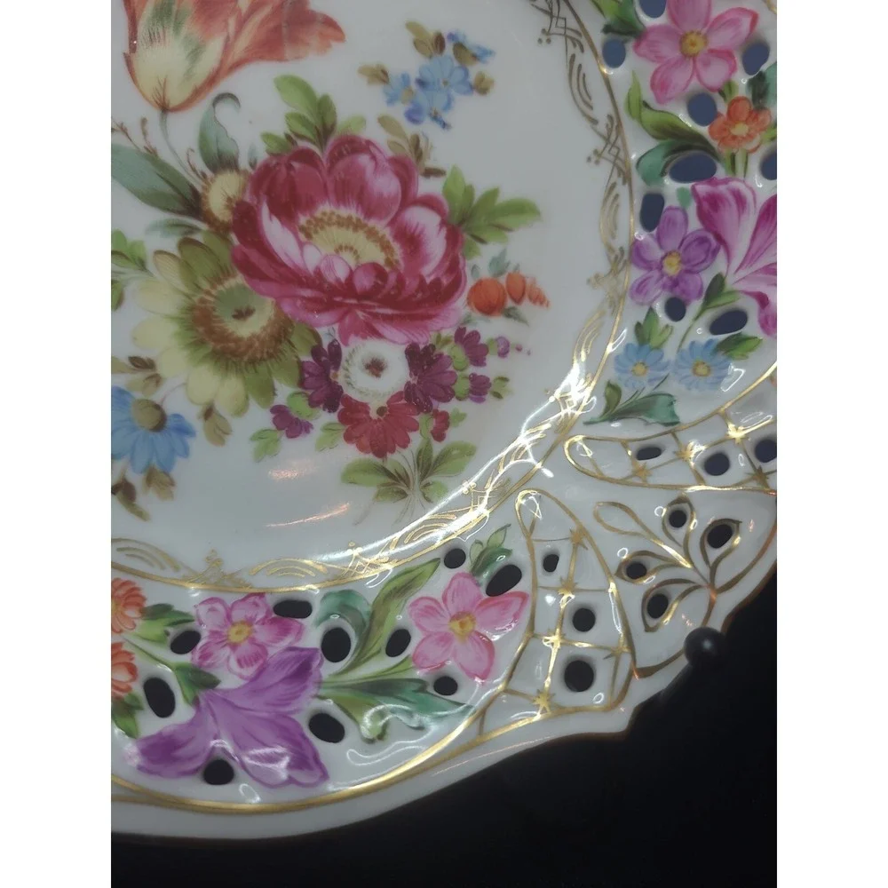 Rare E.S. Prussia Dresden Flowers Gilded Porcelain Bowl Plate Scalloped Openwork